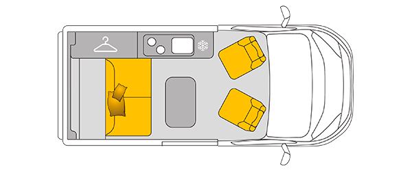Plan de coupe vue du dessus du van aménagé Bavaria MC504BF