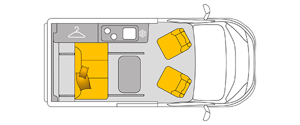 Plan de coupe vue du dessus du van aménagé Bavaria MC505BC