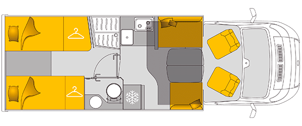 Plan de coupe vue du dessus du camping-car profilé Bavaria T720FGJ