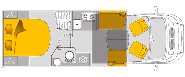 Plan de coupe vue du dessus du camping-car profilé Bavaria T740FC