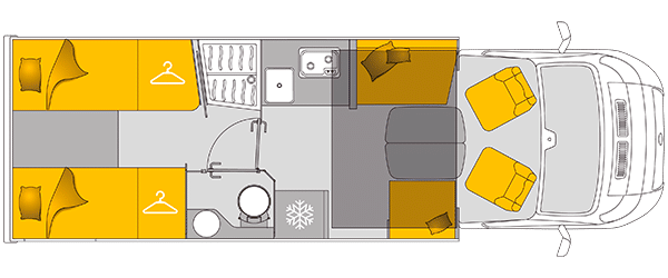 Plan de coupe vue du dessus du camping-car profilé Bavaria T740FGJ