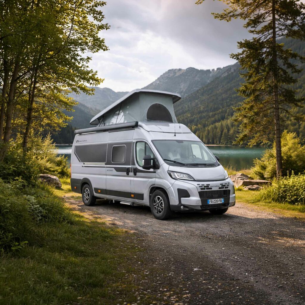 Nouveau fourgon aménagé Bavaria avec un toit relevable en pleine forêt.
