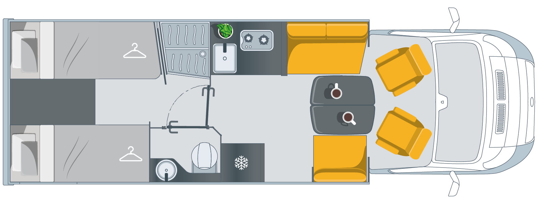 Plan d'implantation intérieur du camping-car Bavaria T740FGJ