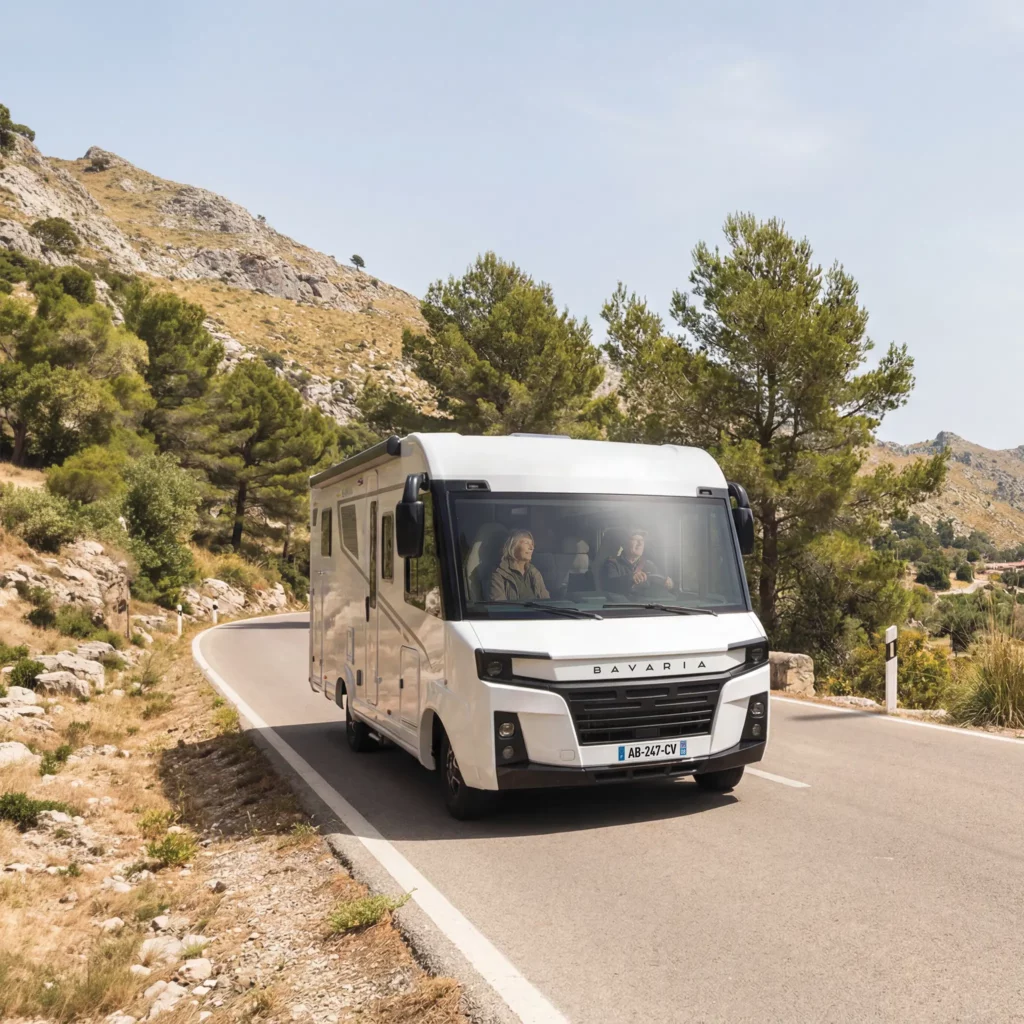 Camping car intégral sur une route de montagne