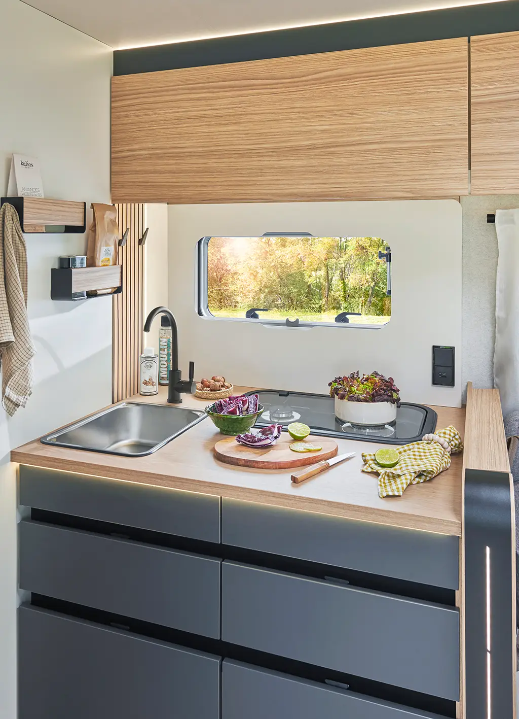 Cuisine d'un camping car intégral avec plaque de cuisson à gaz, lavabo et rangements intégrés