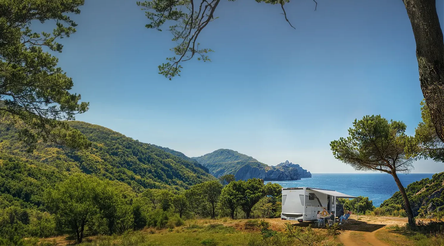 Camping car profilé étroit garé sous les pins en bord de mer